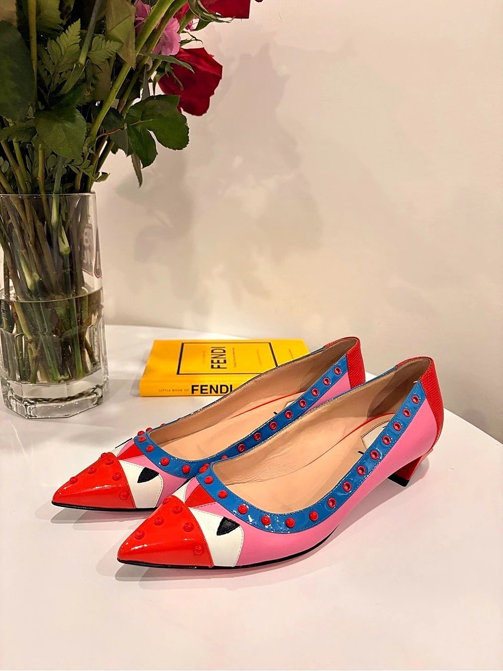 Fendi Multicolor Patent Leather Studded Monster Eyes Kitten Heel Pumps